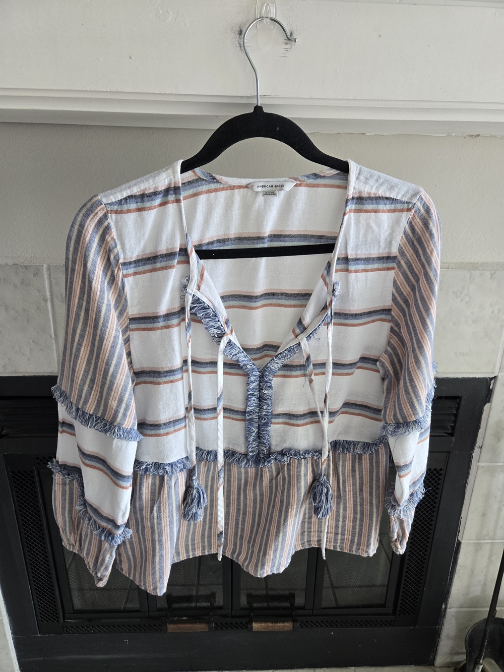 American Eagle Outfitters Blue, White and Tan Striped Tassel Peasant Tunic